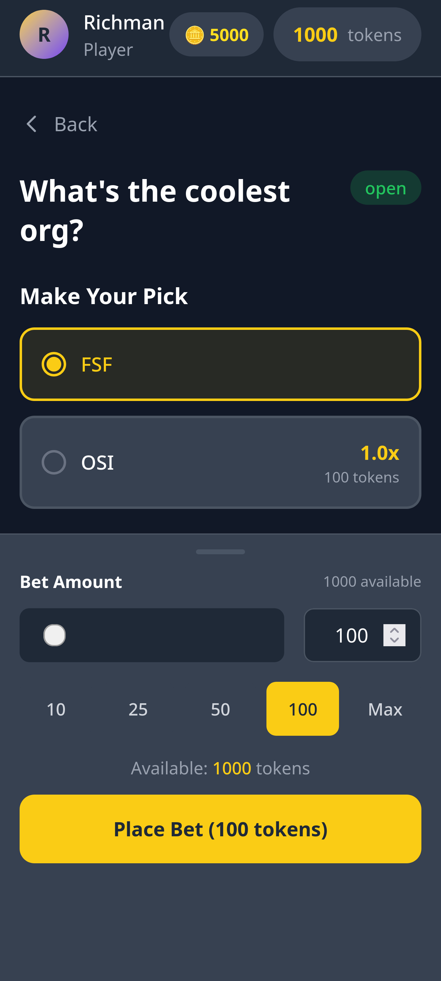 Placing a bet with amount selector