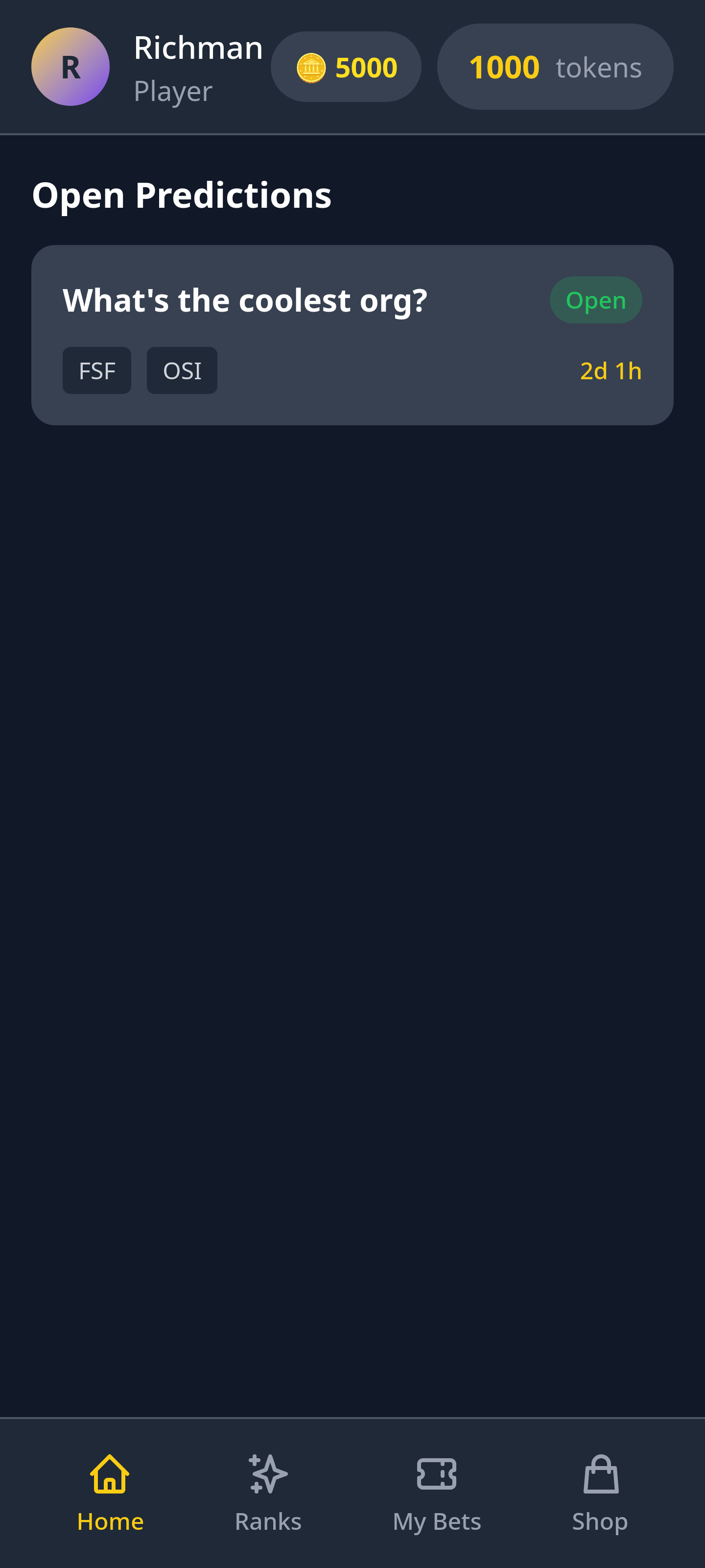 Home screen with open predictions